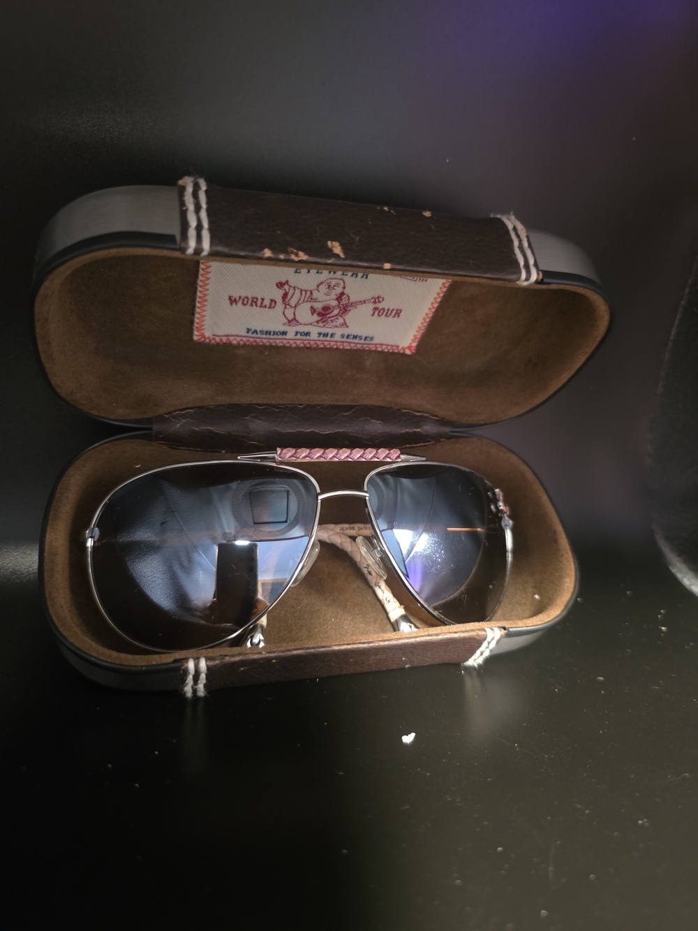True Religion Rx Aviator Sunglasses with Leather Trim InBrown Case - Blue Lenses